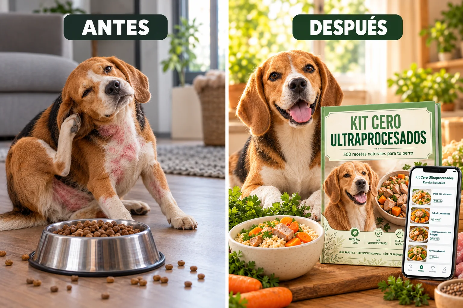 Antes y después: perro rascándose con alimento balanceado y el mismo perro sano comiendo comida natural