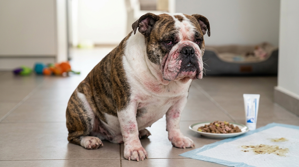 Bulldog con alergia alimentaria y dermatitis en la piel