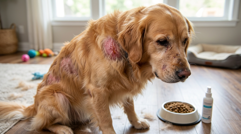 Golden Retriever con dermatitis y zonas sin pelo