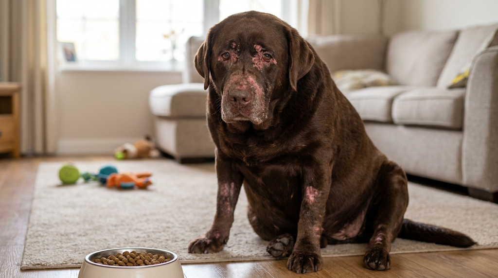 Labrador chocolate con obesidad y alergia alimentaria
