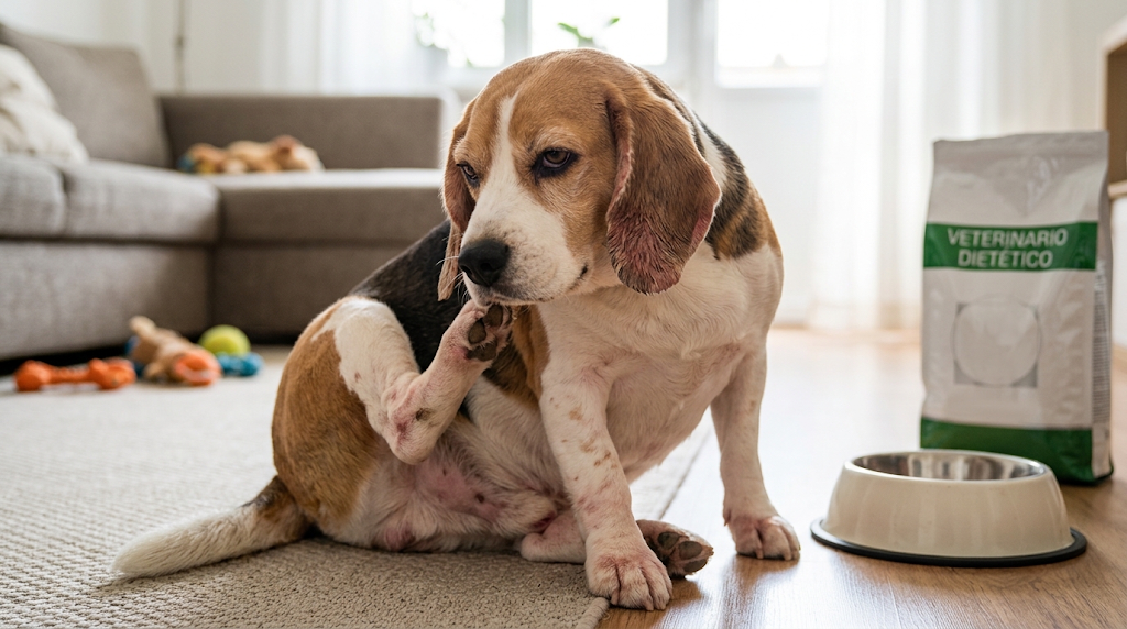 Beagle obeso lamiéndose la pata sin parar