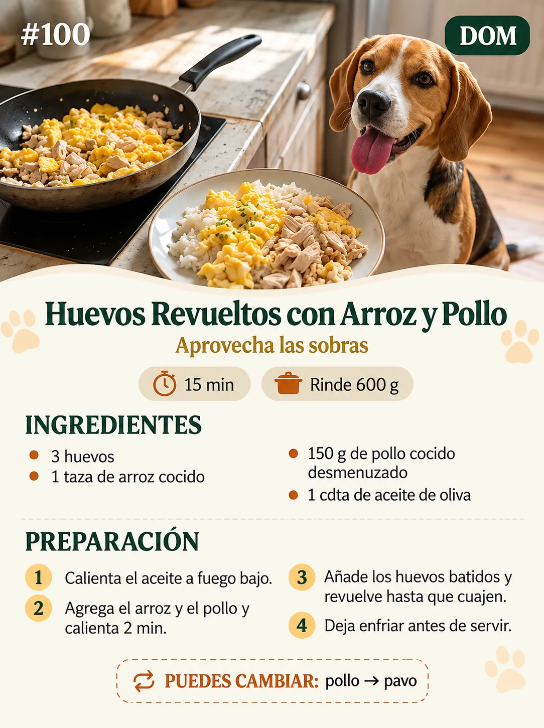 Receta 100: Huevos Revueltos con Arroz y Pollo, con un beagle en la cocina