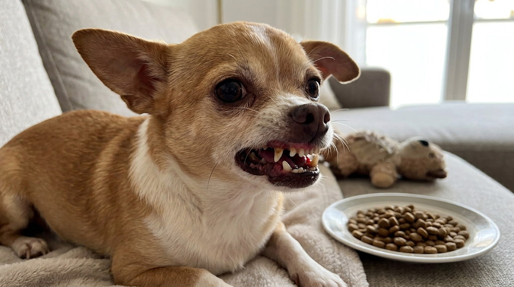 Chihuahua que come con molestia y fastidio